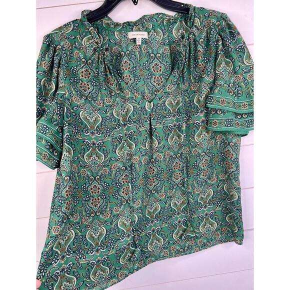 Max Studio Green  Peasant Blouse Ruffle Detail Patterned Short Sleeves Size M - Picture 6 of 13